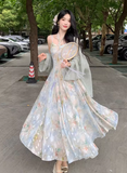 Pretty Halter Oil Painting Style Pleated Maxi Women Skirt Vacation Summer Seaside Dress HZ0319