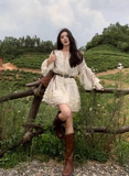 Bohemia A line V-neck Lace up Pleated Tiered Short Vacation Dress Summer Women Dress HZ0319