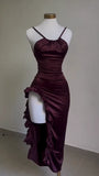 Burgundy Straps Open Back Ruffles Sheath Satin Midi Party Dress HZ0319