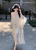 Vacation Spaghetti Straps Pleated Bowknot Embroidered Asymmetrical Hem Maxi Summer Dress Women Dress HZ0319