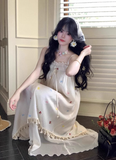 Vacation Spaghetti Straps Pleated Bowknot Embroidered Asymmetrical Hem Maxi Summer Dress Women Dress HZ0319