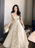 Pretty A Line Square Neck Embroidered Buttlefly Pleated Maxi Dress Women Summer Date Dress HZ0319