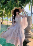 Vacation Spaghetti Straps Pleated Ruffle Asymmetrical Hem Short Skirt Women Summer Dress HZ0319