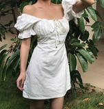 Minimalist Square Neck White Puffed Sleeves Short Skirt Casual Summer Women Dress HZ0319