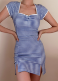 Vintage Square Neck Checkered Short Split Skirt Summer Women Party Dress Date Dress HZ0319