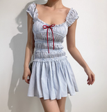 Cute Square Neckline Ruffle Pleated Short Skirt Teenage Girl Women Summer Dress Vacation Seaside Dress HZ0319