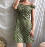 Versatile Off the Shoulder Button Checkered Skirt Women Summer Dress Vacation Date Dress HZ0319