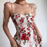 Retro Spaghetti Straps Print Flower Short Skirt Wommen Teenage Girl Summer Vacation Dress HZ0319