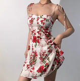 Retro Spaghetti Straps Print Flower Short Skirt Wommen Teenage Girl Summer Vacation Dress HZ0319