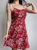 Retro A Line Spaghetti Straps Print Flower Short Skirt Wommen Teenage Girl Summer Date Dress HZ0319
