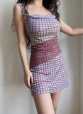 Retro Off the Shoulder Checkered Short Skirt Wommen Teenage Girl Summer Date Dress HZ0319