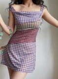 Retro Off the Shoulder Checkered Short Skirt Wommen Teenage Girl Summer Date Dress HZ0319