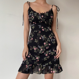 Vintage Spaghetti Straps Ruffle Print Short Skirt Wommen Teenage Girl Summer Saside Dress HZ0319