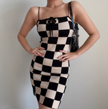 Sexy Spaghetti Straps Checkered Short Fitted Skirt Wommen Teenage Girl Summer Date Dress HZ0319