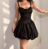 Sweet Spaghetti Straps Lace up Pleated Short Dress Women Teenage Girl Date Dress HZ0319