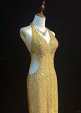 Shiny Halter Crystal Sequins Pleated Prom Dress Evening Dress Gala Dress HZ0319