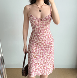 Retro Spaghetti Straps Print Lace up Women Teenage Girl Summer Date Dress Vacation Dress HZ0319