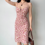 Retro Spaghetti Straps Print Lace up Women Teenage Girl Summer Date Dress Vacation Dress HZ0319