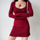Versatile Square Neckline Long Sleeves Fitted Short Skirt Women Teeage Girl Dress HZ0319