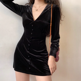 Versatile Black V-neck Long Sleeves Short Skirt Women Teeage Girl Date Dress HZ0319
