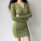 Casual V-neck Long Sleeves Short Fitted Skirt Women Teeage Girl Dress HZ0319