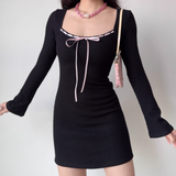 Minimalist Square Neck Long Sleeves Short Fitted Skirt Women Teeage Girl Dress HZ0319