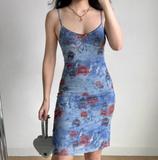 Retro Spaghetti Straps Print Fitted Knee Length Skirt Women Summer Vacation Date Dress HZ0319