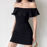 Minimalist Black Off the Shoulder Ruffle Short Fitted Skirt Women Summer Vacation Date Dress HZ0319