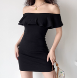 Minimalist Black Off the Shoulder Ruffle Short Fitted Skirt Women Summer Vacation Date Dress HZ0319