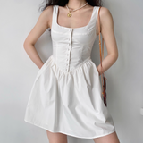 Minimalist White A Line Square Neck Button Short Skirt Women Summer Casual Dress HZ0319