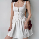 Minimalist White A Line Square Neck Button Short Skirt Women Summer Casual Dress HZ0319