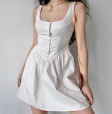 Minimalist White A Line Square Neck Button Short Skirt Women Summer Casual Dress HZ0319