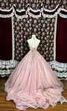 Sweet Halter Appliques Beading Tulle Ball Gown Long Prom Dress Evening Dress HZ0319