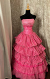 Shiny Strapless Sequins Pleated Tiered Ball Gown Long Prom Dress Evening Dress Gala Dress HZ0319