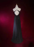 Elegant Black Prom Dress Spaghetti Straps Backless Crystal Gala Dress Evening Dress Dancing Dress HZ0319