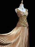 Shiny Prom Dress Spaghetti Straps Sequins Crystal Pleated Gala Dress Evening Dress Customized Dress HZ0319