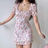 Sweet Women Dress Square Neck Print Ruffle Summer Vacation Seaside Dress Teenage Girl Date Dress HZ0319