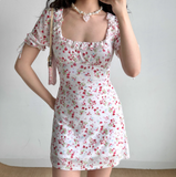 Sweet Women Dress Square Neck Print Ruffle Summer Vacation Seaside Dress Teenage Girl Date Dress HZ0319