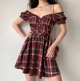 Casual Checkered Dress A Line Off the Shouler Short Skirt Women Teenage Girl Dress HZ0319