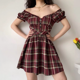 Casual Checkered Dress A Line Off the Shouler Short Skirt Women Teenage Girl Dress HZ0319