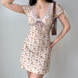 Sweet Women Dress V-neck Lace Print Floral Short Skirt Women Teenage Girl Dress Date Dress HZ0319