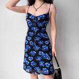 Retro Knee Length Dress Spaghetti Straps Floral Dress Women Vacation Seaside Date Dress HZ0319
