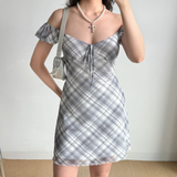 Casual Summer Dress A Line Checkered Short Skirt Women Vacation Seaside Date Dress HZ0319