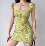 Cute Summer Dress Square Neck Short Fitted Print Skirt Women Teenage Girl Vacation Date Party Dress HZ0319