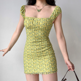 Cute Summer Dress Square Neck Short Fitted Print Skirt Women Teenage Girl Vacation Date Party Dress HZ0319