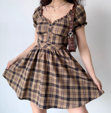 Versatile Summer Dress A Line Checkered Puffed Sleeves Short Skirt Women Teenage Girl Dress Date Dress HZ0319