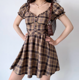 Versatile Summer Dress A Line Checkered Puffed Sleeves Short Skirt Women Teenage Girl Dress Date Dress HZ0319