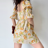 Retro Summer Dress A Line Square Neck Print Short Skirt Women Teenage Girl Dress Vacation Seaside Dress Date Dress HZ0319