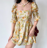 Retro Summer Dress A Line Square Neck Print Short Skirt Women Teenage Girl Dress Vacation Seaside Dress Date Dress HZ0319