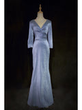 Shiny Prom Dress V-neck Long Sleeves Pleated Prom Gown Evening Dress Business Dinner Dress Gala Dress HZ0319